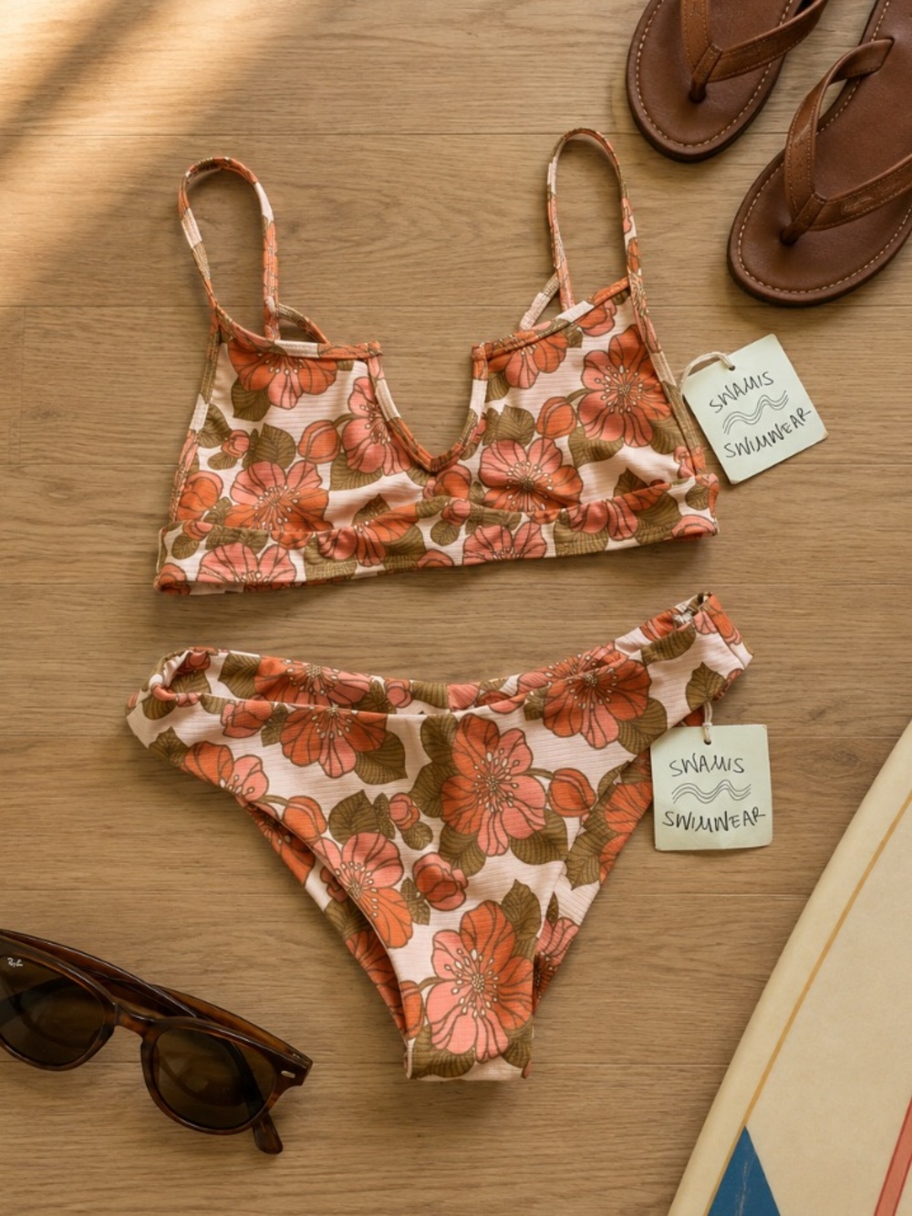 NWT Swamis Swimwear Floral Ribbed Bikini Two Piece Set Surf Style Outdoor Beach
